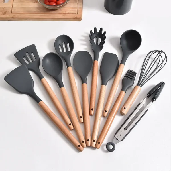 Kit Utensílios Silicone e Madeira 12 Peças GadioWay